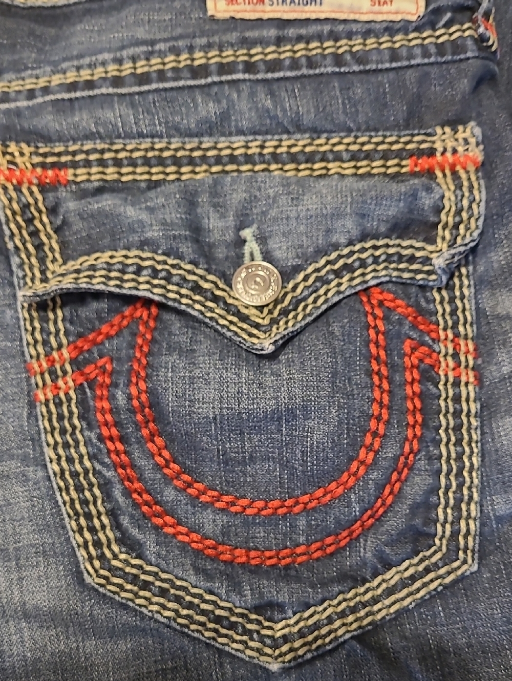 True Religion Dark Blue Straight Leg Jeans with Red Pocket Stitching - Picture 6 of 16